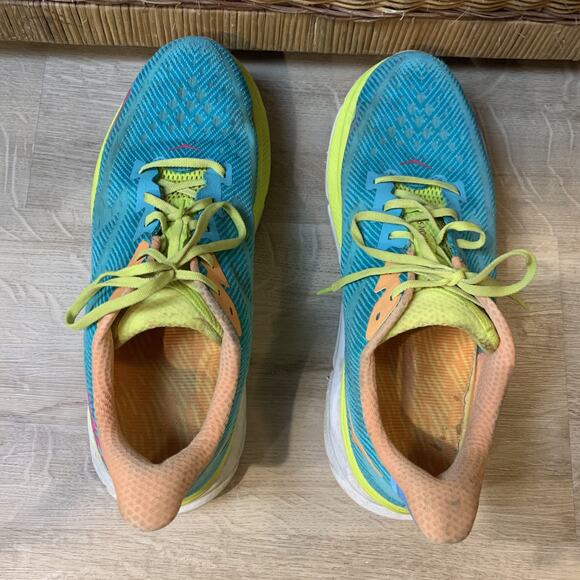 Hoka One One Clifton 9 Running Shoes Mens 13 D Teal Lime Green 1127895 CEPR 2023